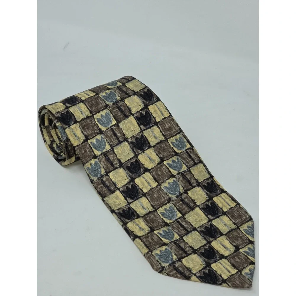 ERMENEGILDO ZEGNA Disegno Tie‎ Brown Yellow Green Flowers 59L 4W Made in Italy